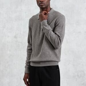 Wax London Oban Polo Check Stitch Knit Grey Marled Sweater XL NEW Long Sleeve